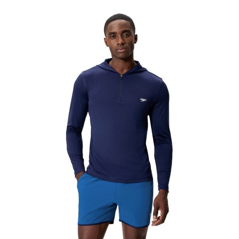 Men's Speedo Half-Zip Hooded Rash Guard Swim Shirt - Navy Blue L